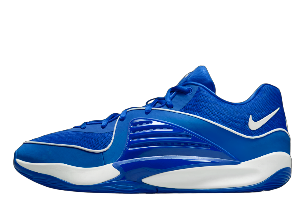 A blue and white basketball shoe on a blue background.