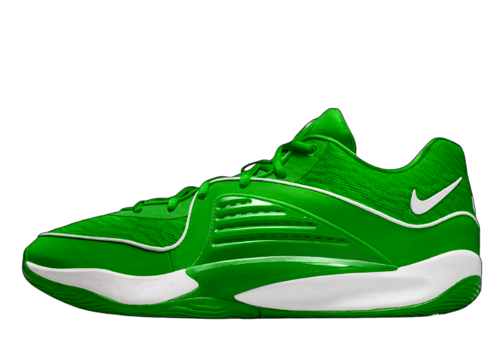 A green and white basketball shoe on a green background.