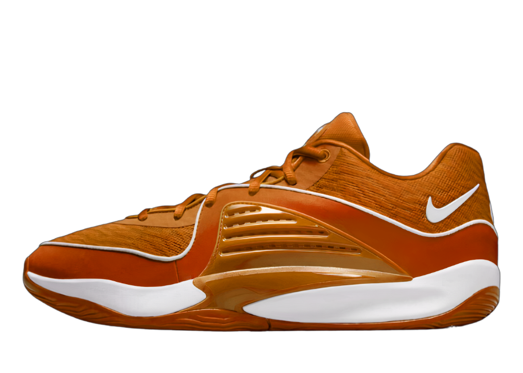 A orange and white basketball shoe on a orange background.