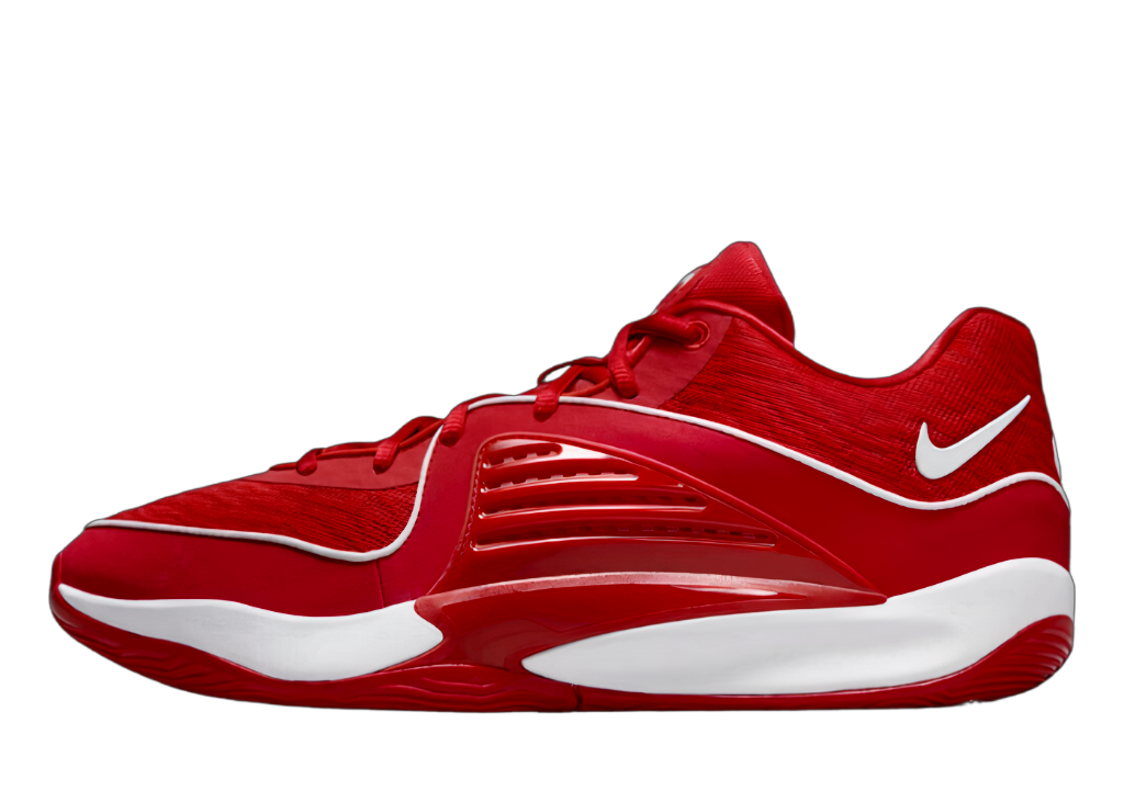 A red and white basketball shoe on a red background.