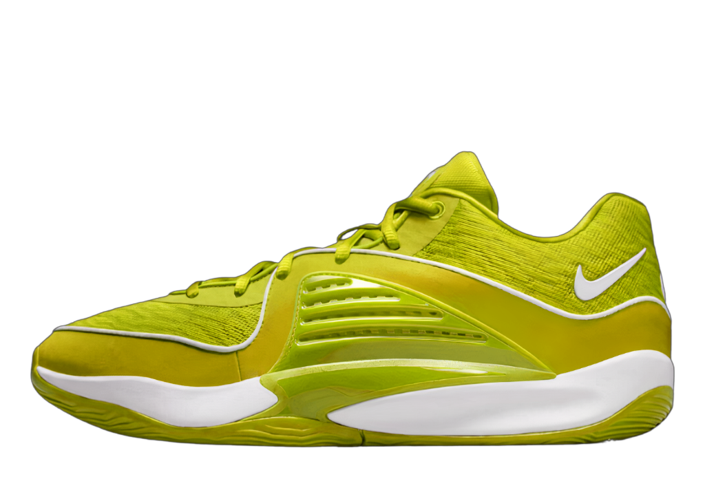 A yellow and white basketball shoe on a yellow background.